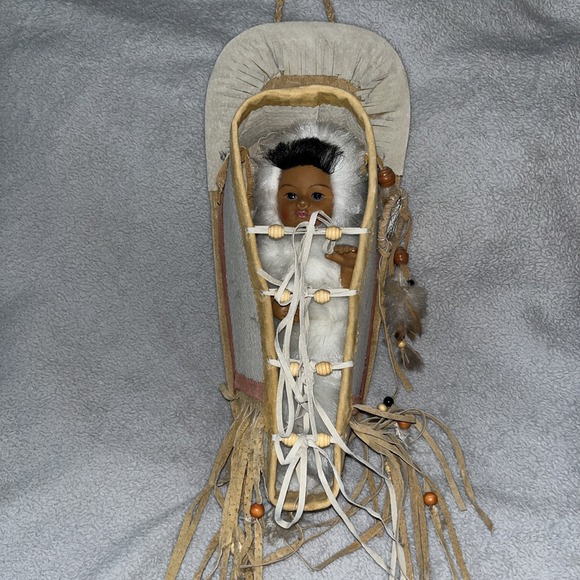 Other - Vintage Papoose Indian Doll Leather Dream Catcher Eskimo Native‎ In Cradle